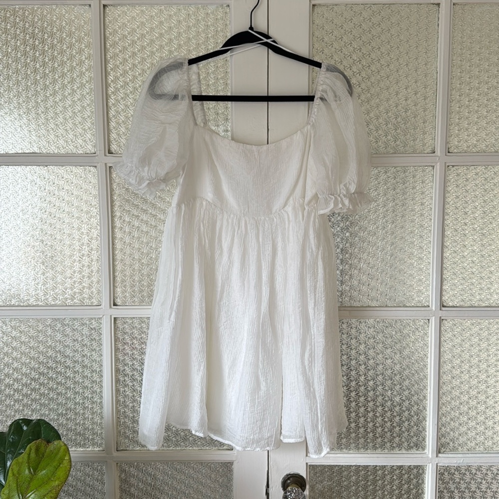 Lush Medium Puff Sleeve White Mini Dress